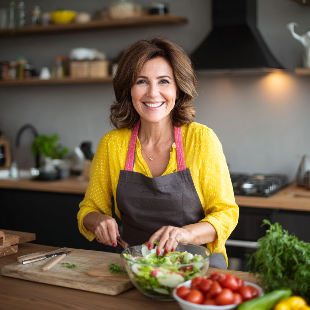 Усмихната българска жена на средна възраст държи чиния с разнообразни свежи плодове и зеленчуци в модерна кухня