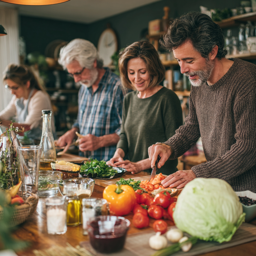 Група щастливи българи от различни възрасти правят селфи в кухнята, заобиколени от свежи зеленчуци и плодове